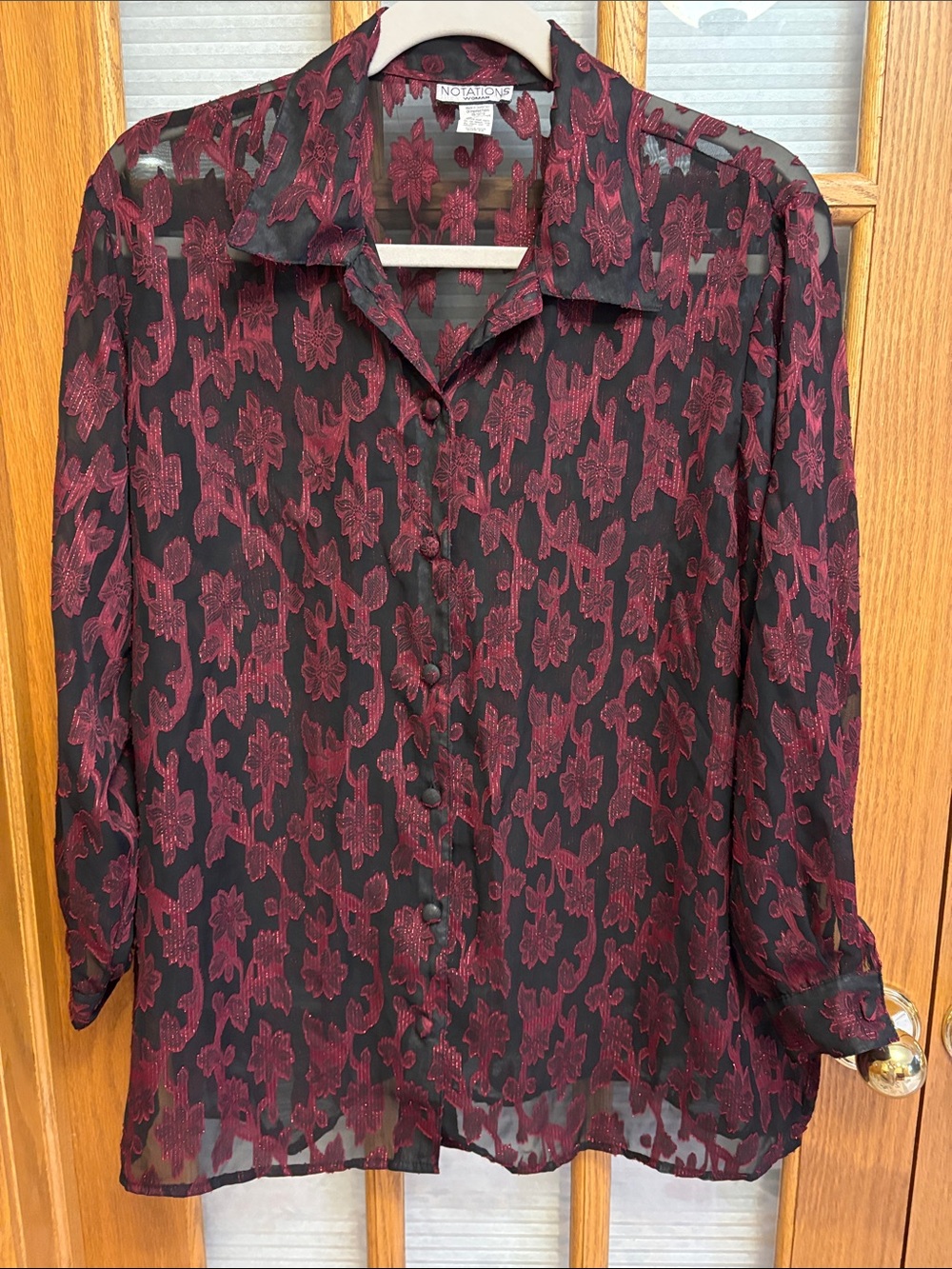 EUC Notations Black and Burgundy Floral Sheer Button-Down Shirt